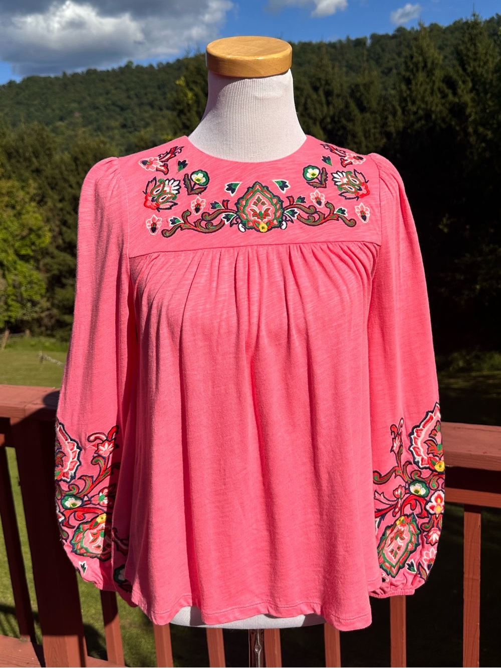 Boden Pink Floral Embroidered Balloon Long-Sleeve Top